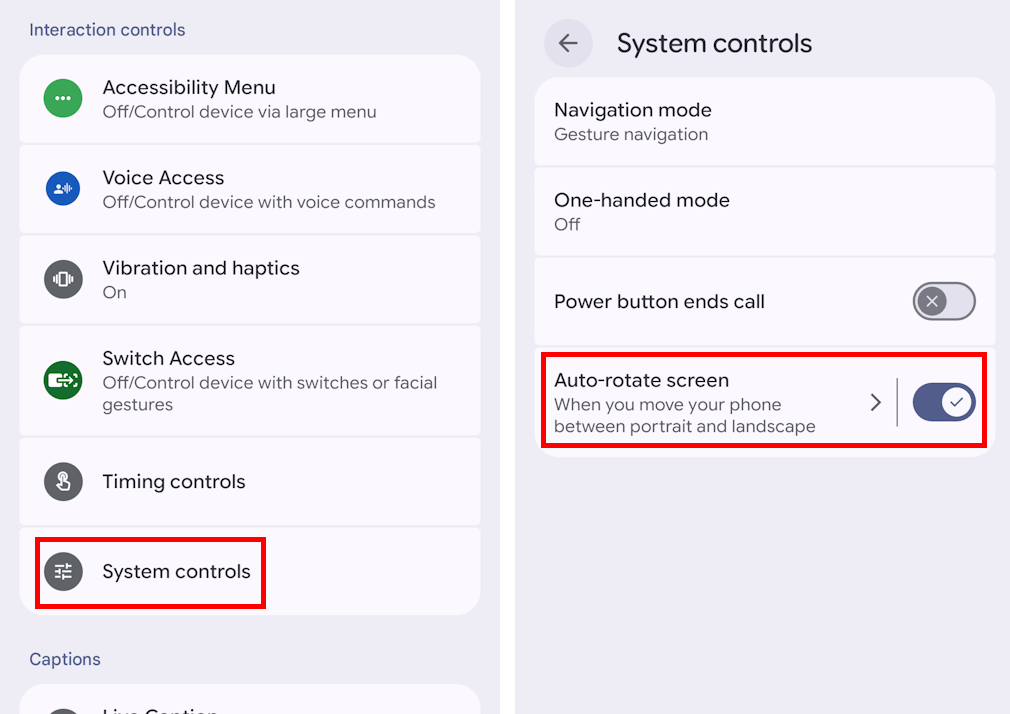 Tap System controls then Auto-rotate screen